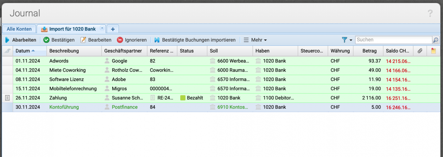 Screenshot import function of the accounting software CashCtrl