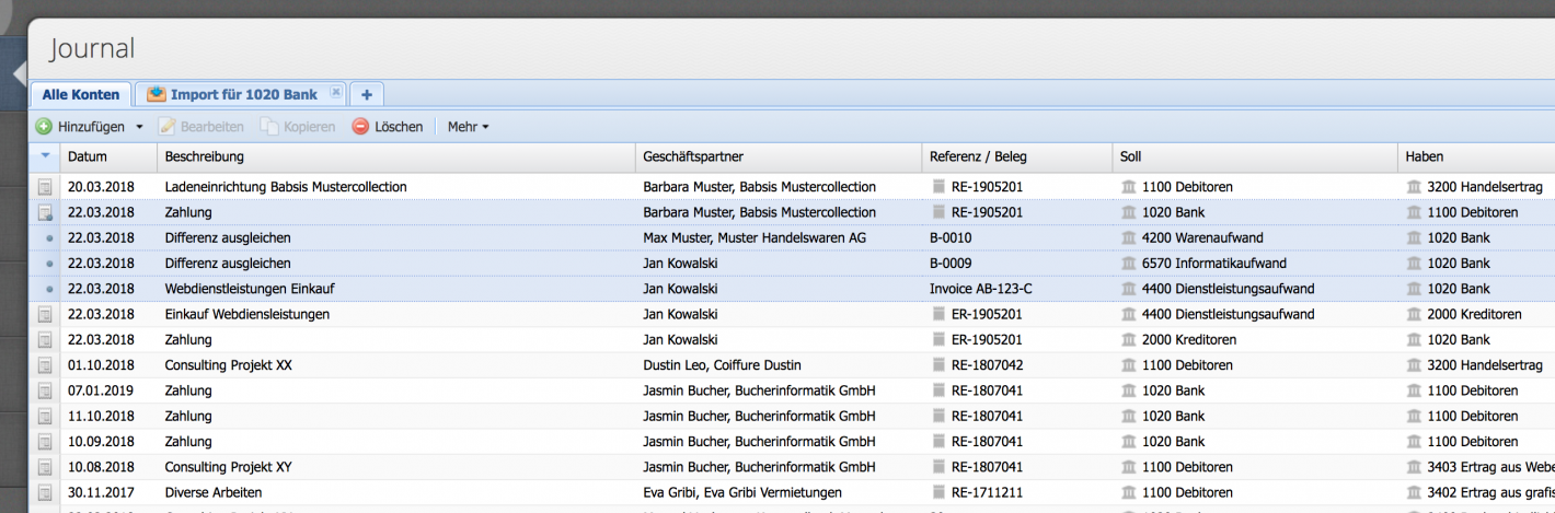 Screenshot of the journal with the first column where you can see which entries have been imported