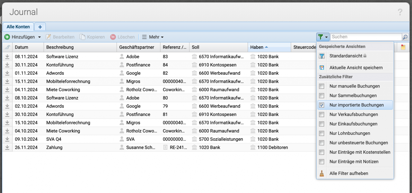 Screenshot des Journals mit der ersten Spalte, wo ersichtlich ist, welche Buchungen importiert wurden