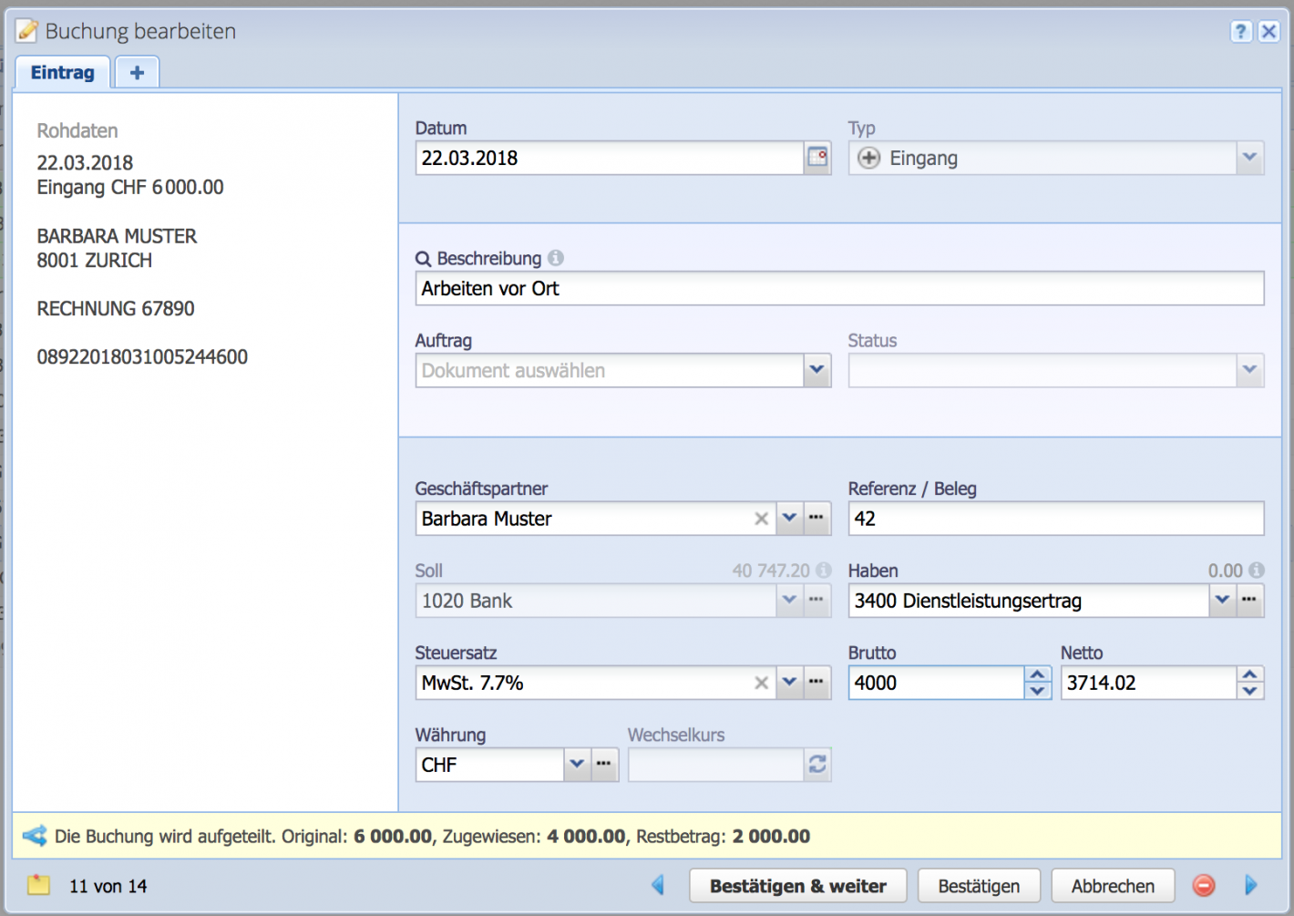 Screenshot of an imported booking with the booking of a partial amount