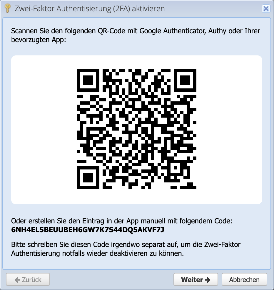 Screenshot of two-factor authentication setup