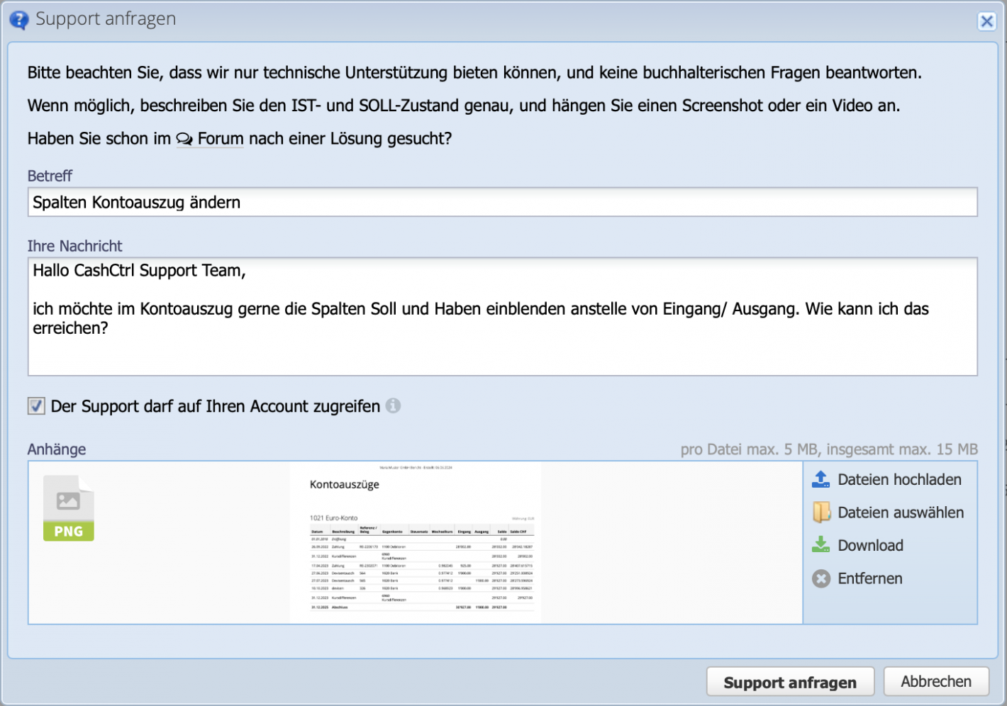 Screenshot of a support request