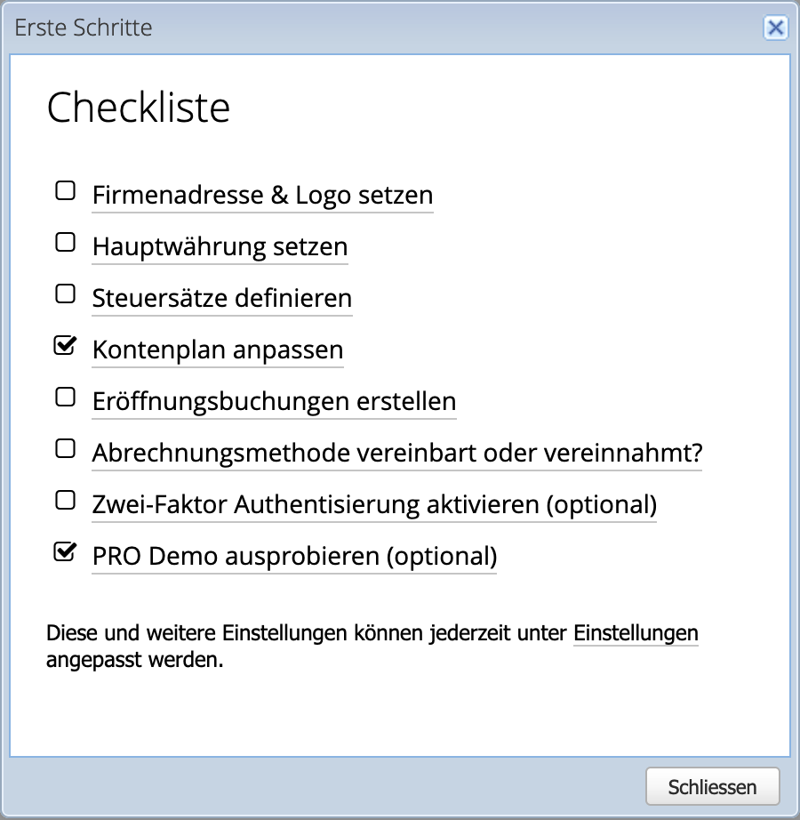 Screenshot of the checklist to set up CashCtrl