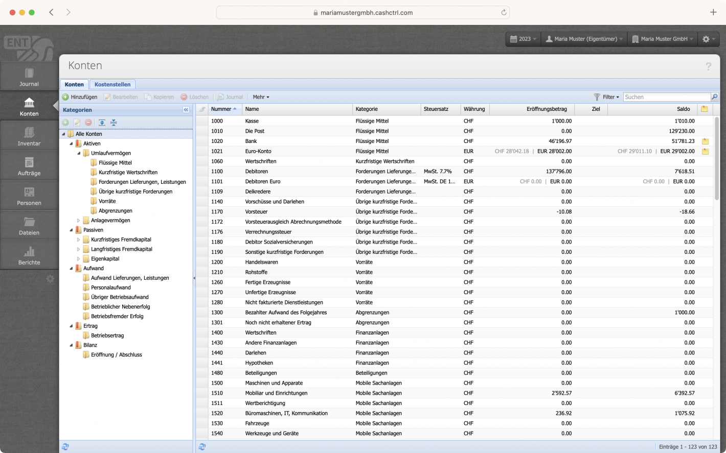 Screenshot des Konten Moduls mit tabellarischem Kontenrahmen