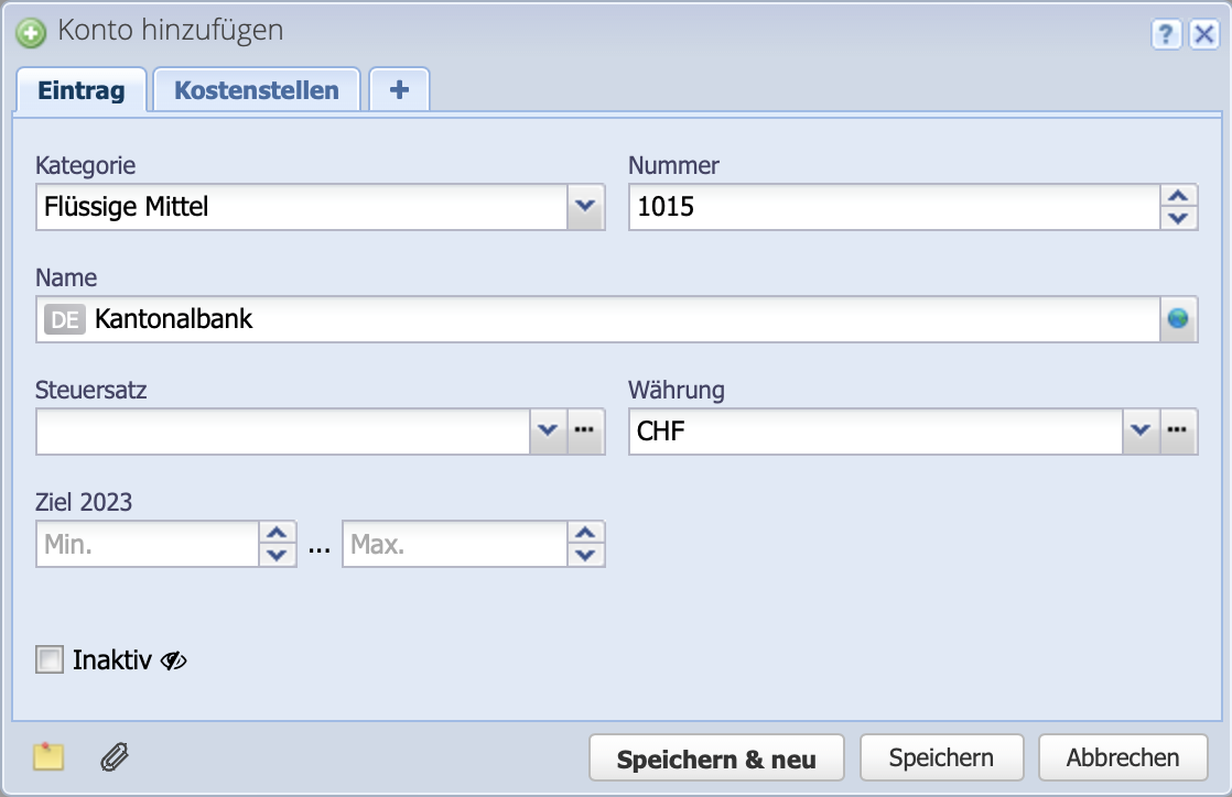 Screenshot des Bearbeiten Dialogs eines Kontos