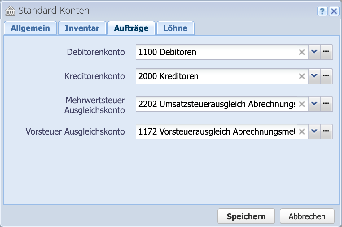 Screenshot des Standard-Konten Dialogs