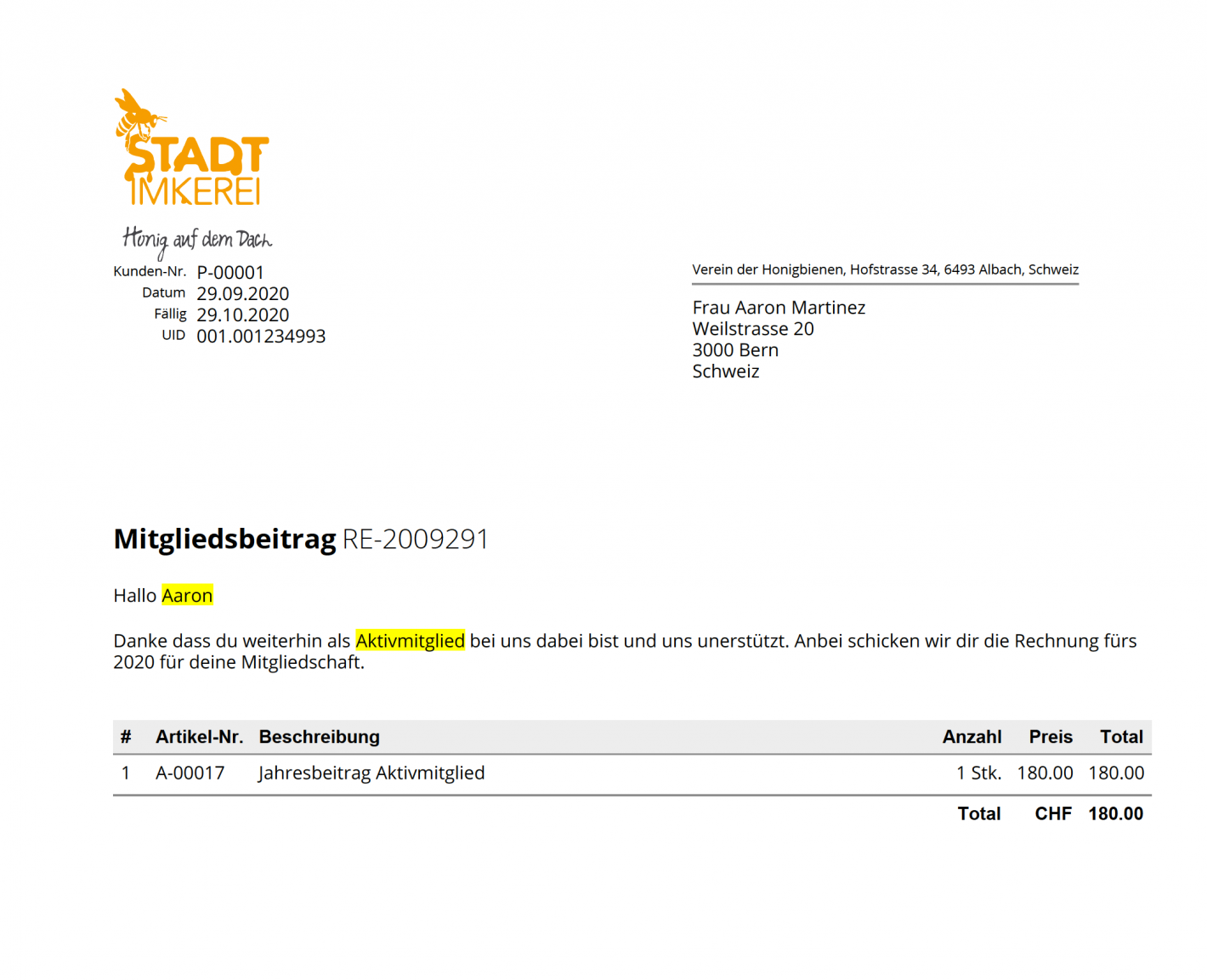 Ansicht einer Mitgliederrechnung für den Verein