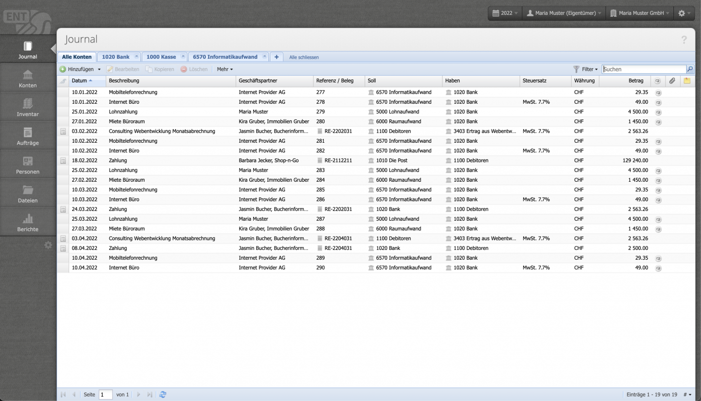 Screenshot des Hauptfensters der Buchhaltungssoftware CashCtrl