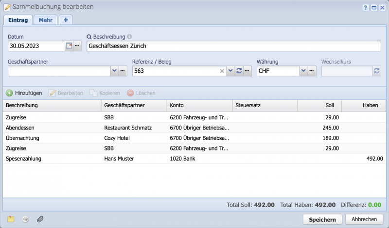 Screenshot Sammelbuchung Dialog mit einigen Buchungszeilen