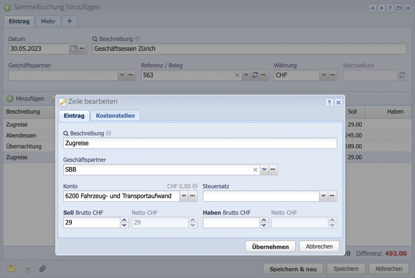 Screenshot des Sammelbuchung Hinzuf&uuml;gen Dialogs mit einer zum bearbeiten ge&ouml;ffneten Buchungszeile
