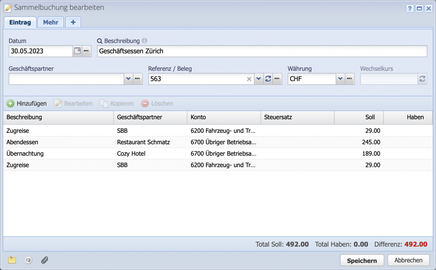 Screenshot des Sammelbuchung Bearbeiten Dialog mit einigen Buchungszeilen.
