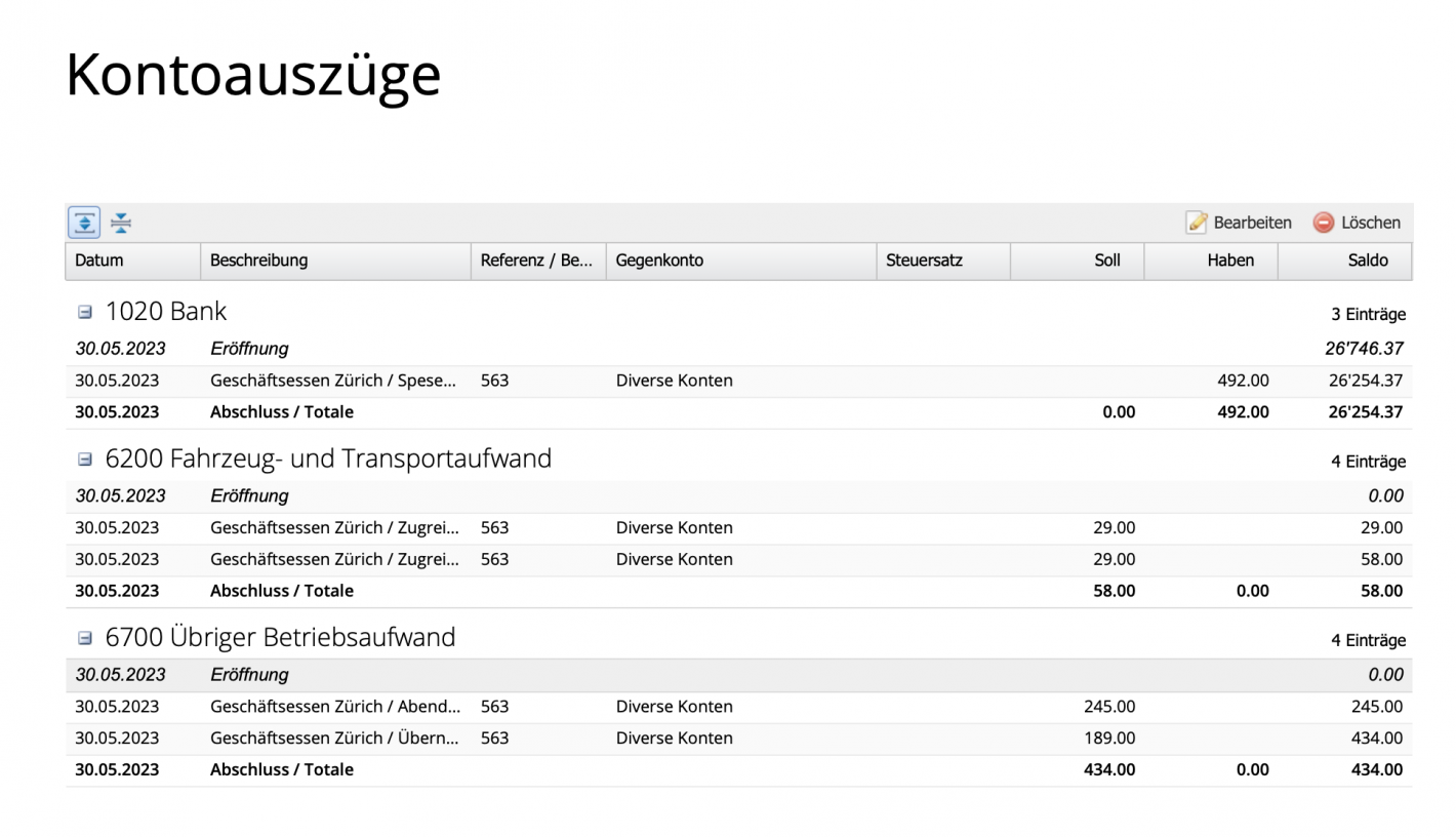 Screenshot des Berichte Moduls mit den einzelnen Positionen der Sammelbuchung im Kontoausz&uuml;ge Bericht