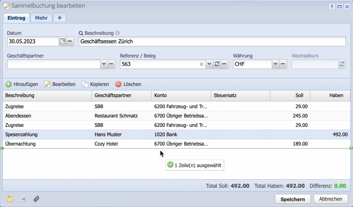 Screenshot Sammelbuchungsfenster mit Verschieben einer Zeile