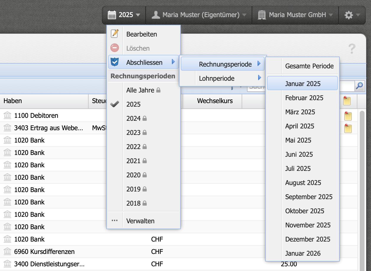 Screenshot des Menu zum Abschliessen von Monaten in CashCtrl