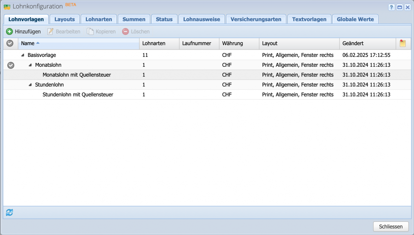 Screenshot der Lohnkonfiguration mit den Lohnvorlagen