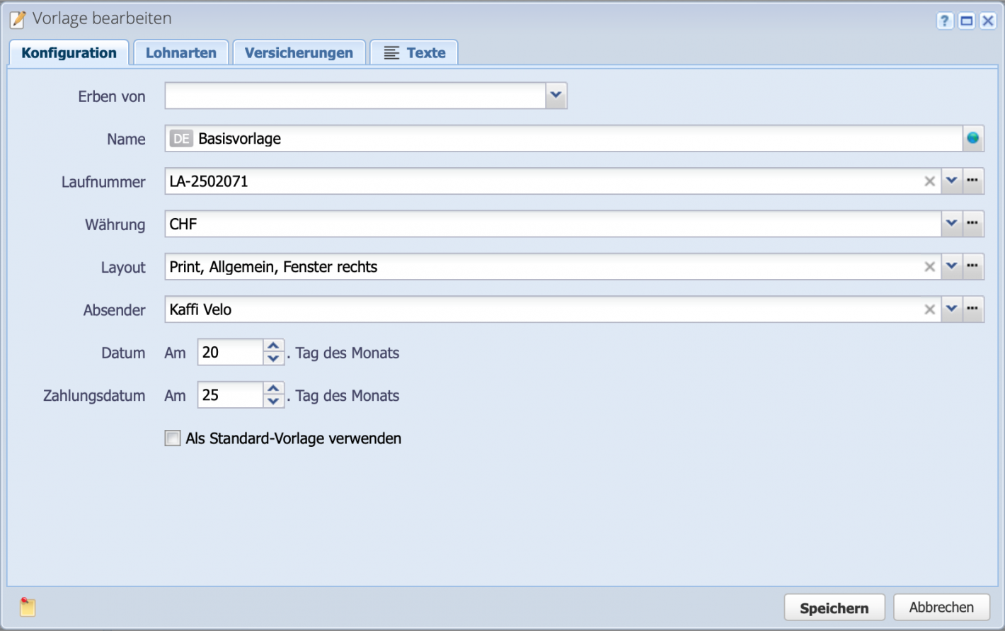 Screenshot des Konfiguration Reiters einer Lohnvorlage