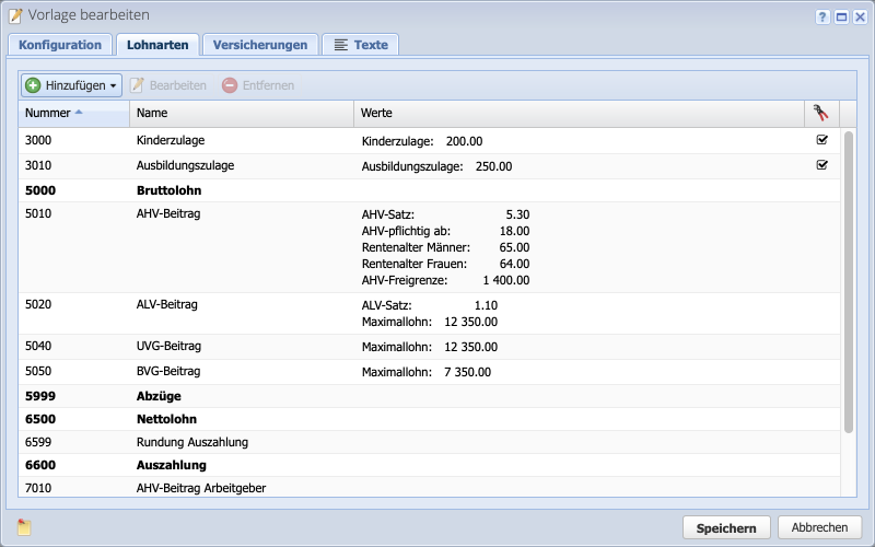 Screenshot einer Lohnvorlage