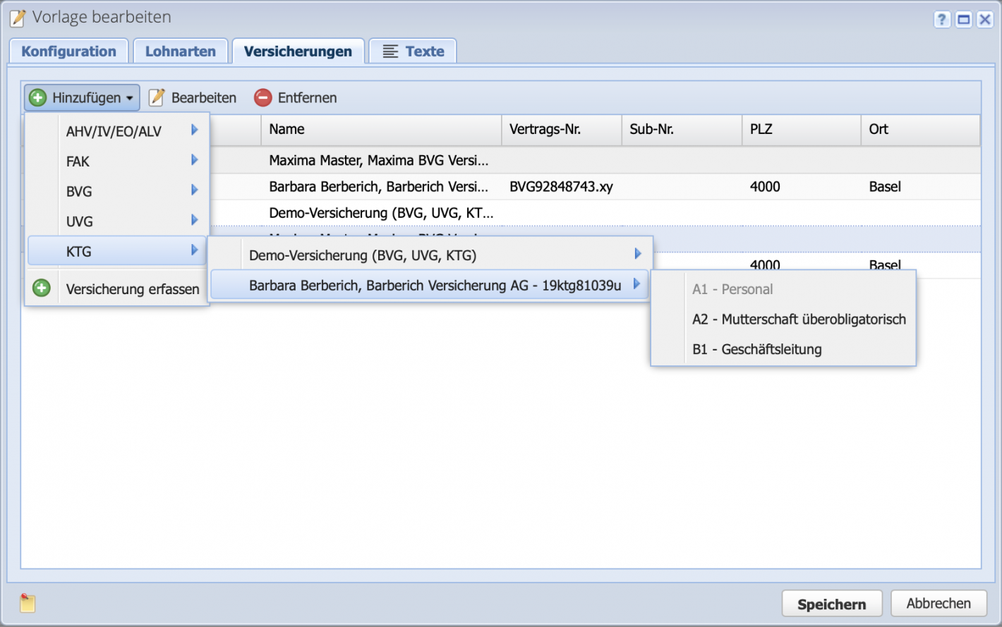 Screenshot of the insurance tab in the salary template, where the various insurance policies are set