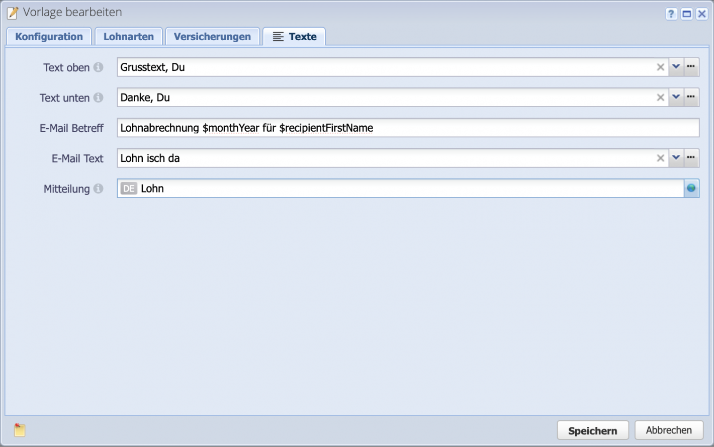 Screenshot des Textvorlagen Reiters beim Bearbeiten der Lohnarvorlage, wo Standardtexte hinterlegt werden.