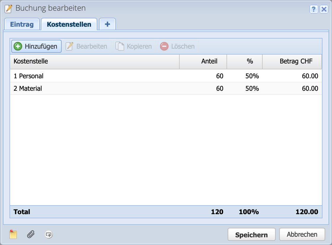Screenshot booking window with cost center tab where the cost centers for the booking are defined