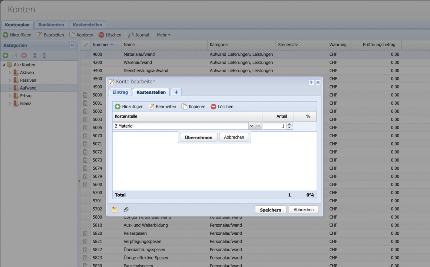 Screenshot: Add cost centers to expense account dialog