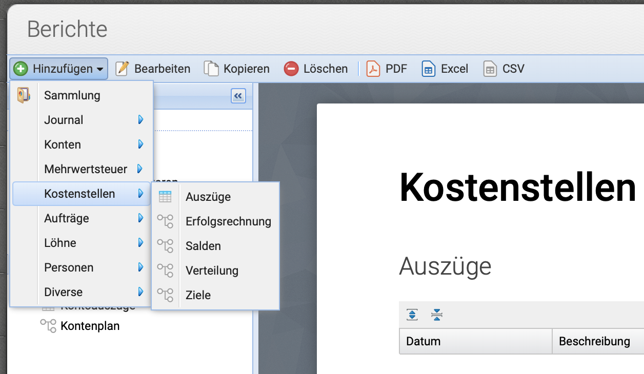 Screenshot Kostenstellen Bericht mit Salden aller Konten