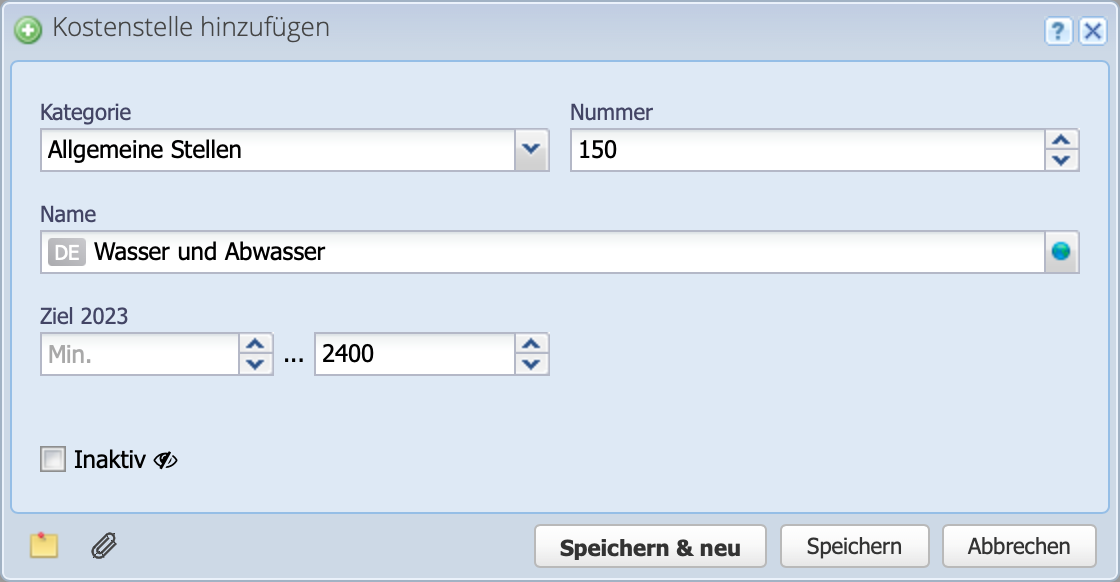 Screenshot: Kostenstellen erfassen Dialog