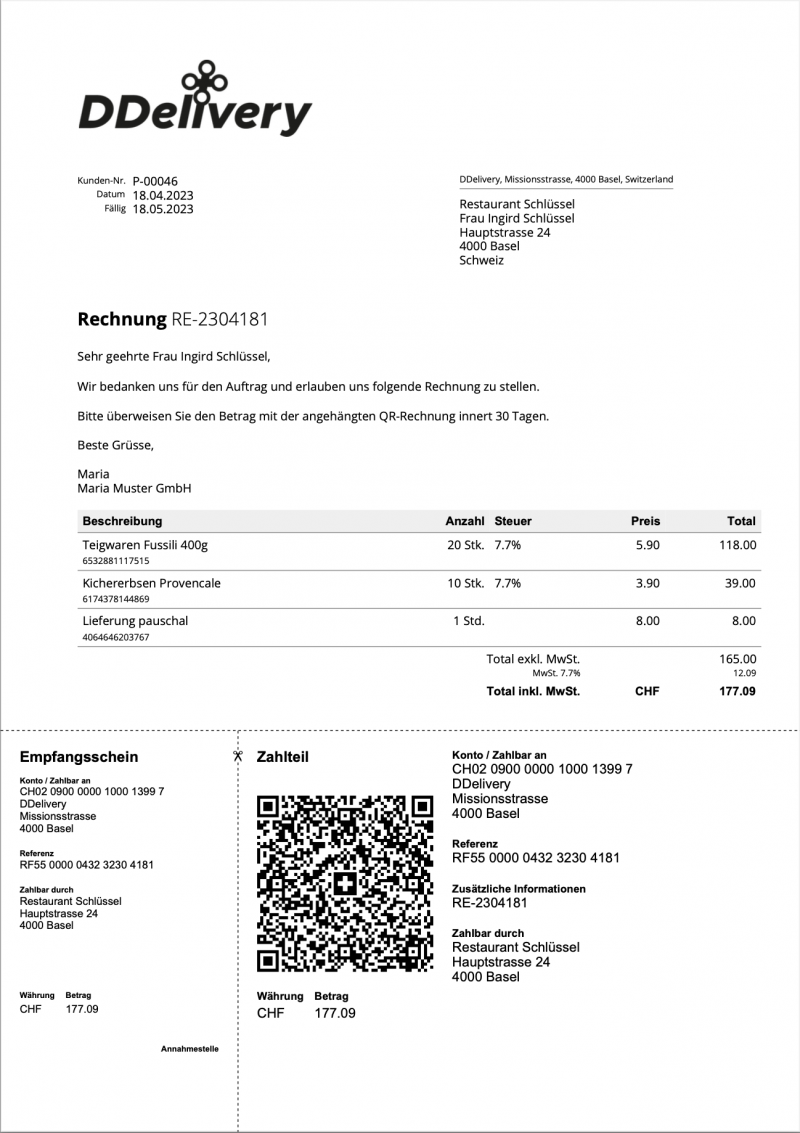 Screenshot of an invoice document created in CashCtrl