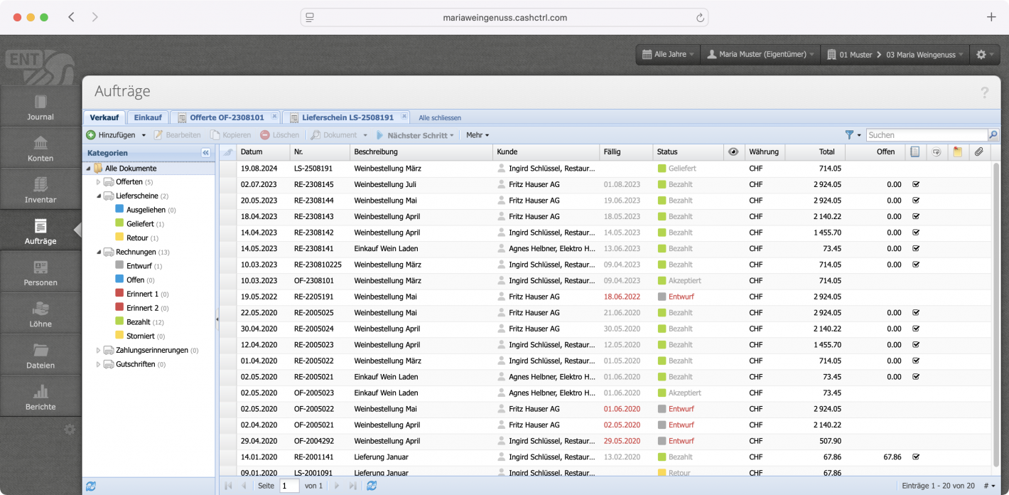 Screenshot of the Orders section with the list of quotes, invoices, etc.