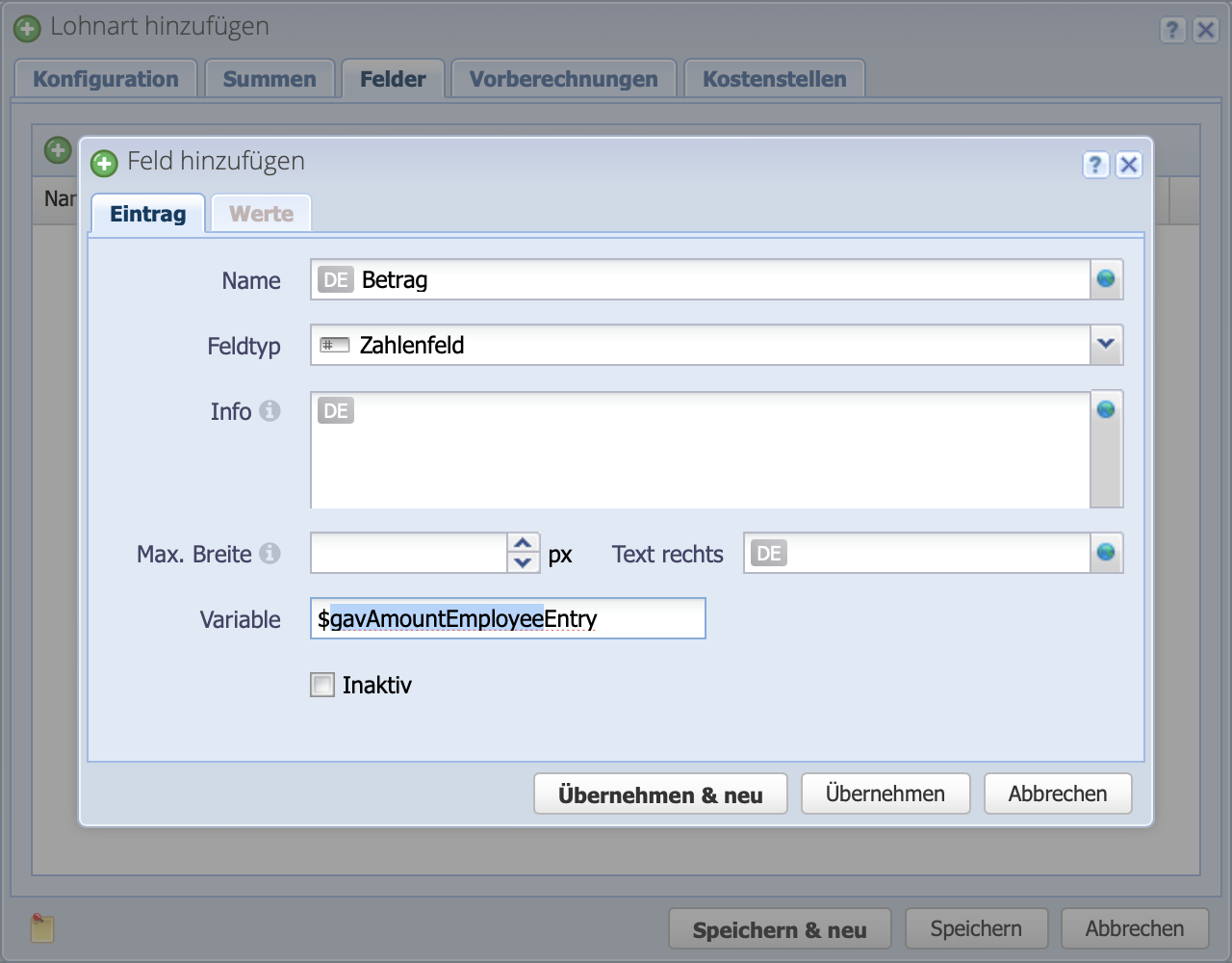 Screenshot of the edit dialog for an input field for a wage type