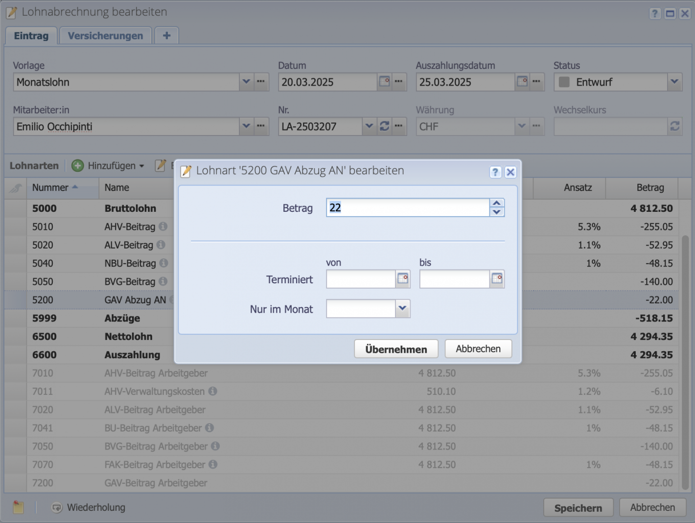 Screenshot of the edit dialog for a payroll statement with an input field for deductions