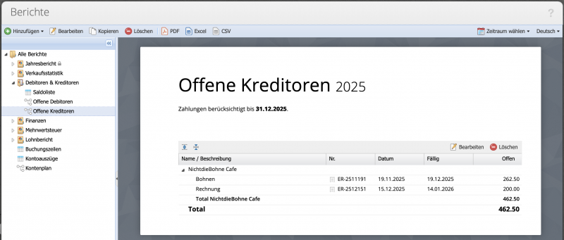 Screenshot of the Open creditors report in CashCtrl
