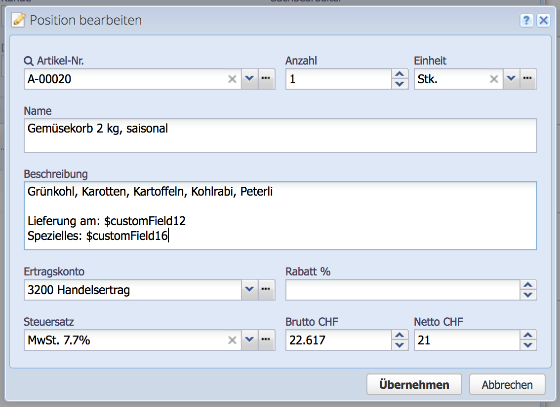 Screenshot of adding a position with variables in the description text