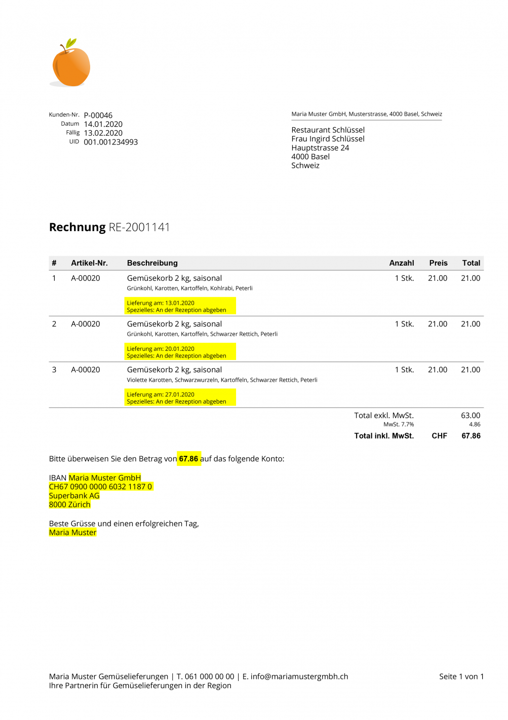 Screenshot of a invoice with displayed variables from additional fields