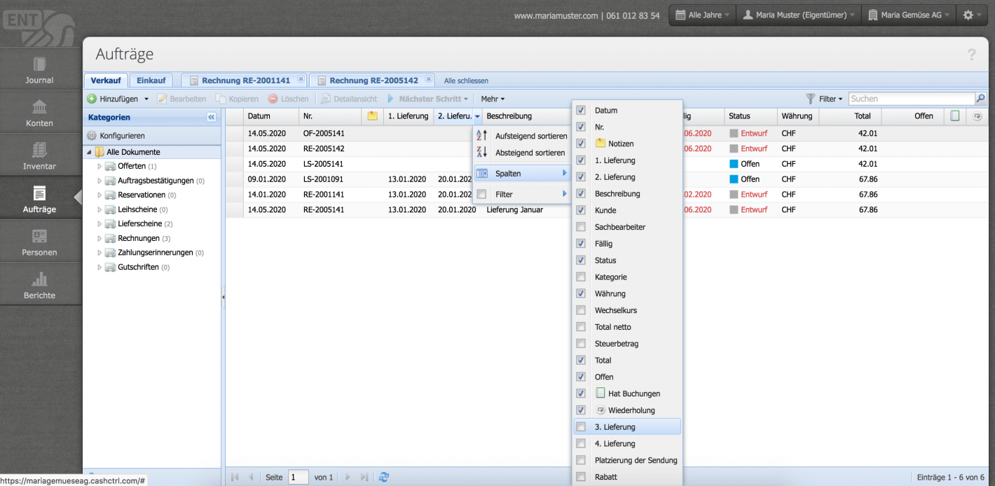 Screenshot des Aufträge Moduls mit geöffnetem Dropdown Menü zur Auwahl der Spalten Anzeige
