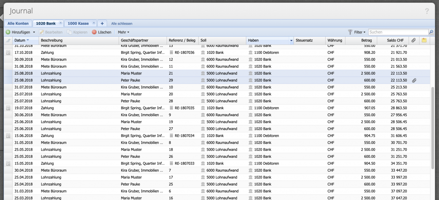 Screenshot of the journal in CashCtrl