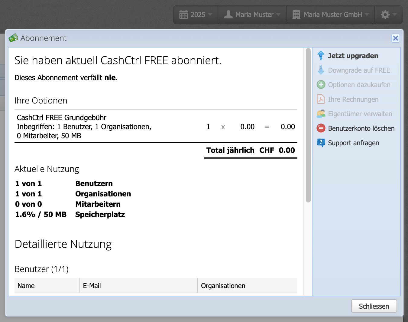 Screenshot der Abonnement Übersicht in CashCtrl