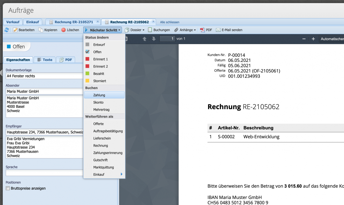 Screenshot of order preview with payment entry via "Next step"