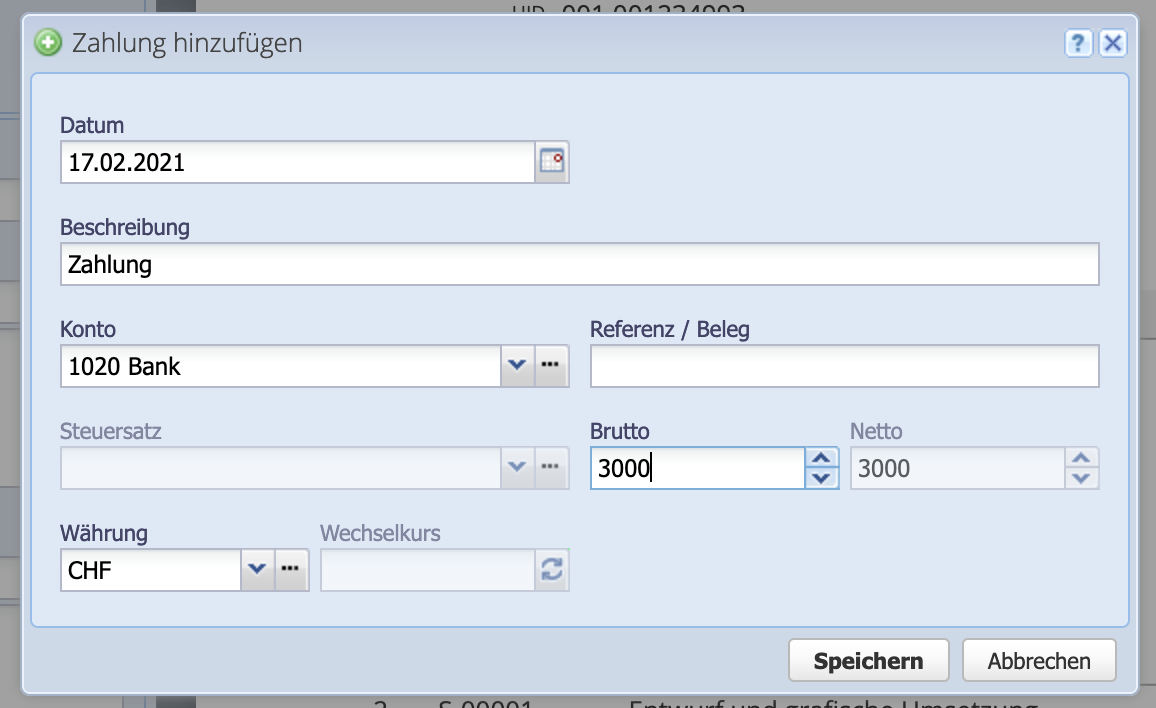 Screenshot payment dialog for entering a payment.