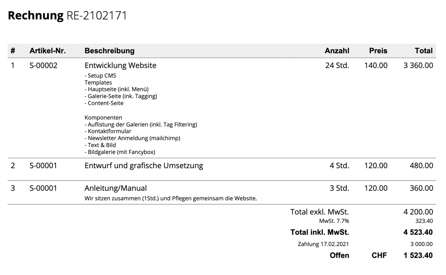 Screenshot of the invoice with listed down payment and resulting open total.