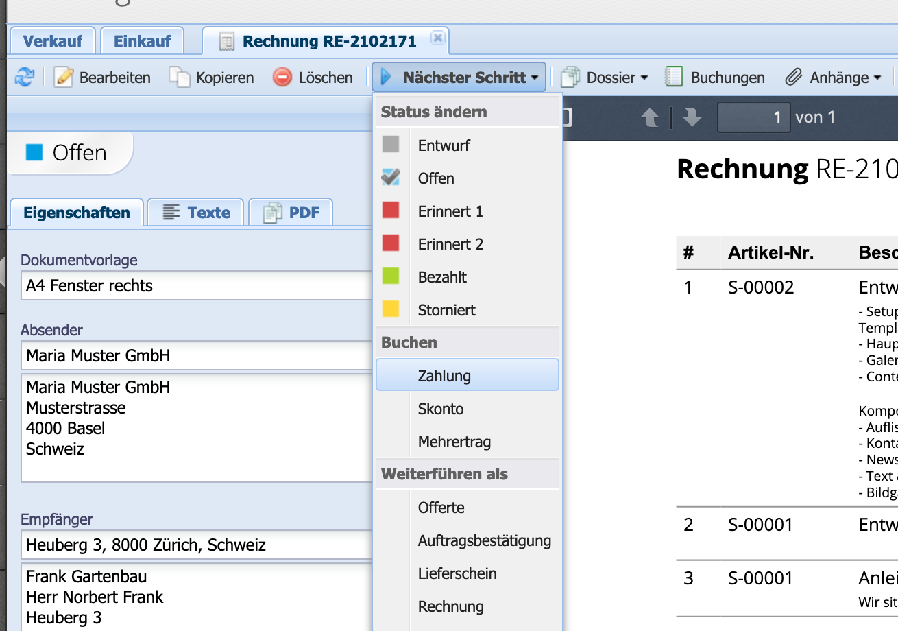 Screenshot order overview with the entry of another payment