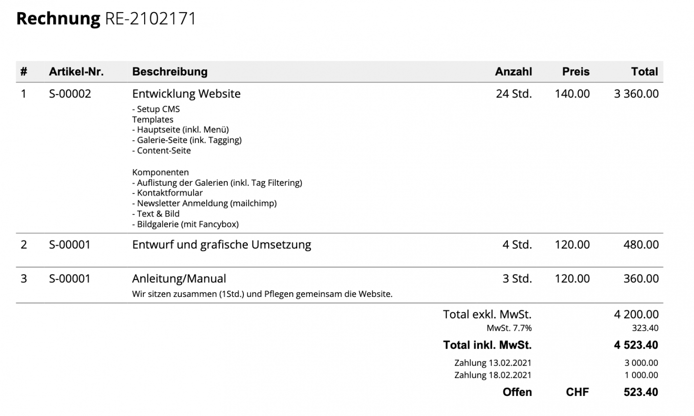 Screenshot of partial payments on the invoice document