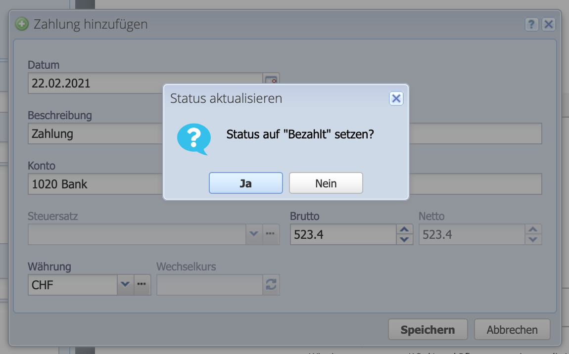 Screenshot of the notification dialog if a payment should be recorded.