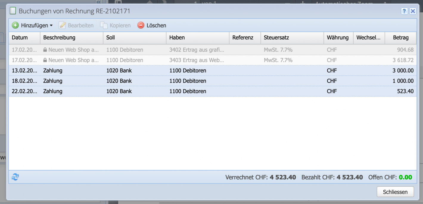 Screenshot of the bookings window with the listing of all payment bookings of the invoice document.