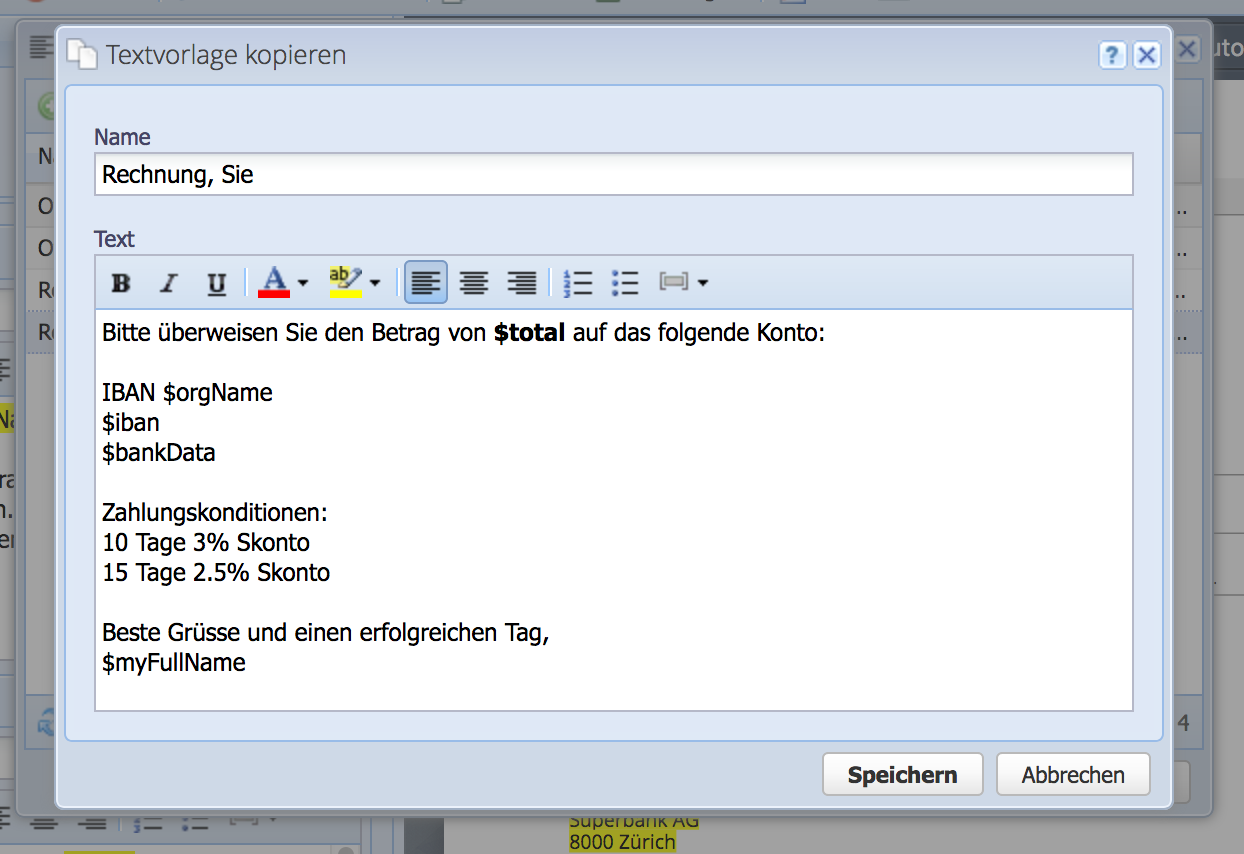 Screenshot des Hinzufügen Dialogs für Textvorlagen