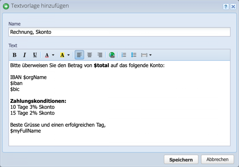 Screenshot Zahlungsbedingungen Textvorlage f&uuml;r Skonto