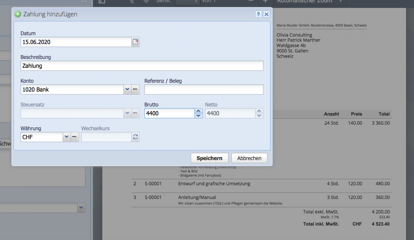 Screenshot der Erfassung der Zahlung eines Auftragsdokuments in CashCtrl