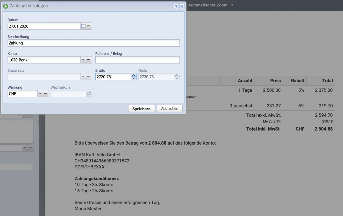 Screenshot der Erfassung der Zahlung eines Auftragsdokuments in CashCtrl
