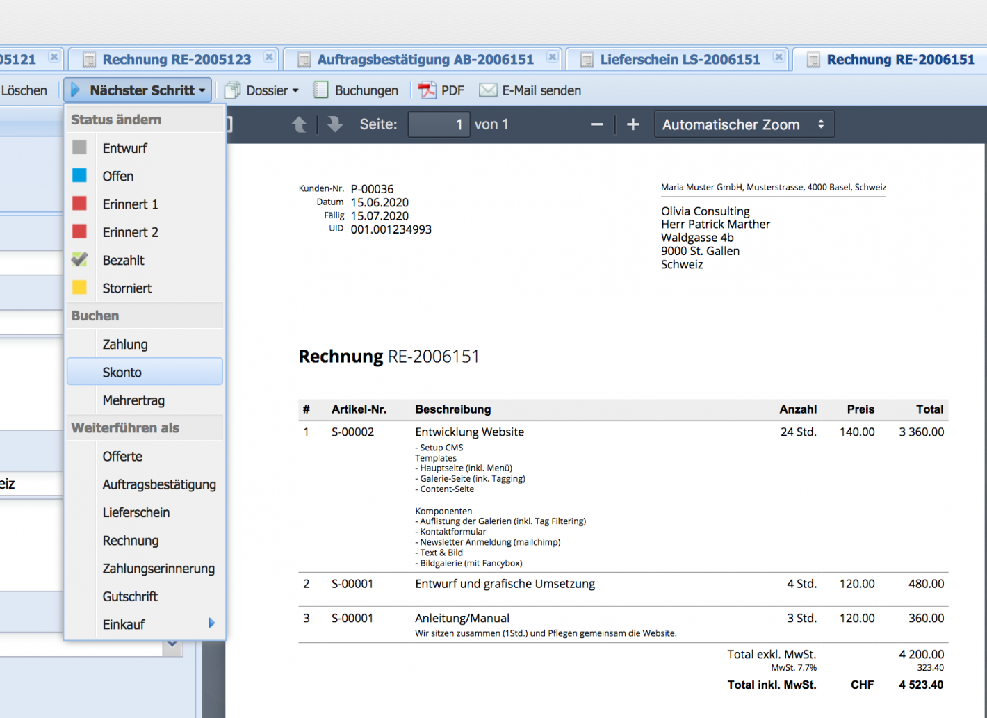 Screenshot des Verbuchungs von Skonto im Auftragsmodul über nächster Schritt 