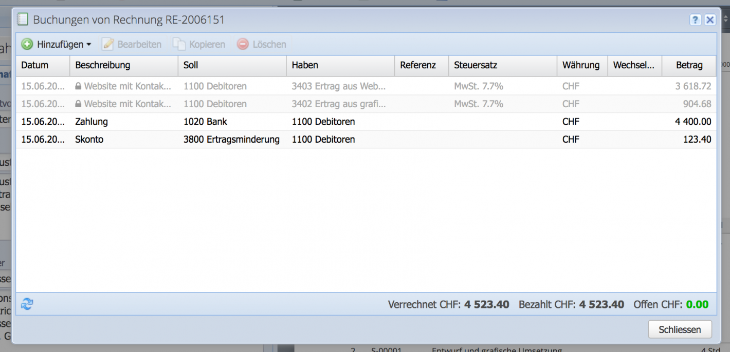 Screenshot des Buchungen Fensters mit der Auflistung aller Buchungen des Rechnungsdokumentes.